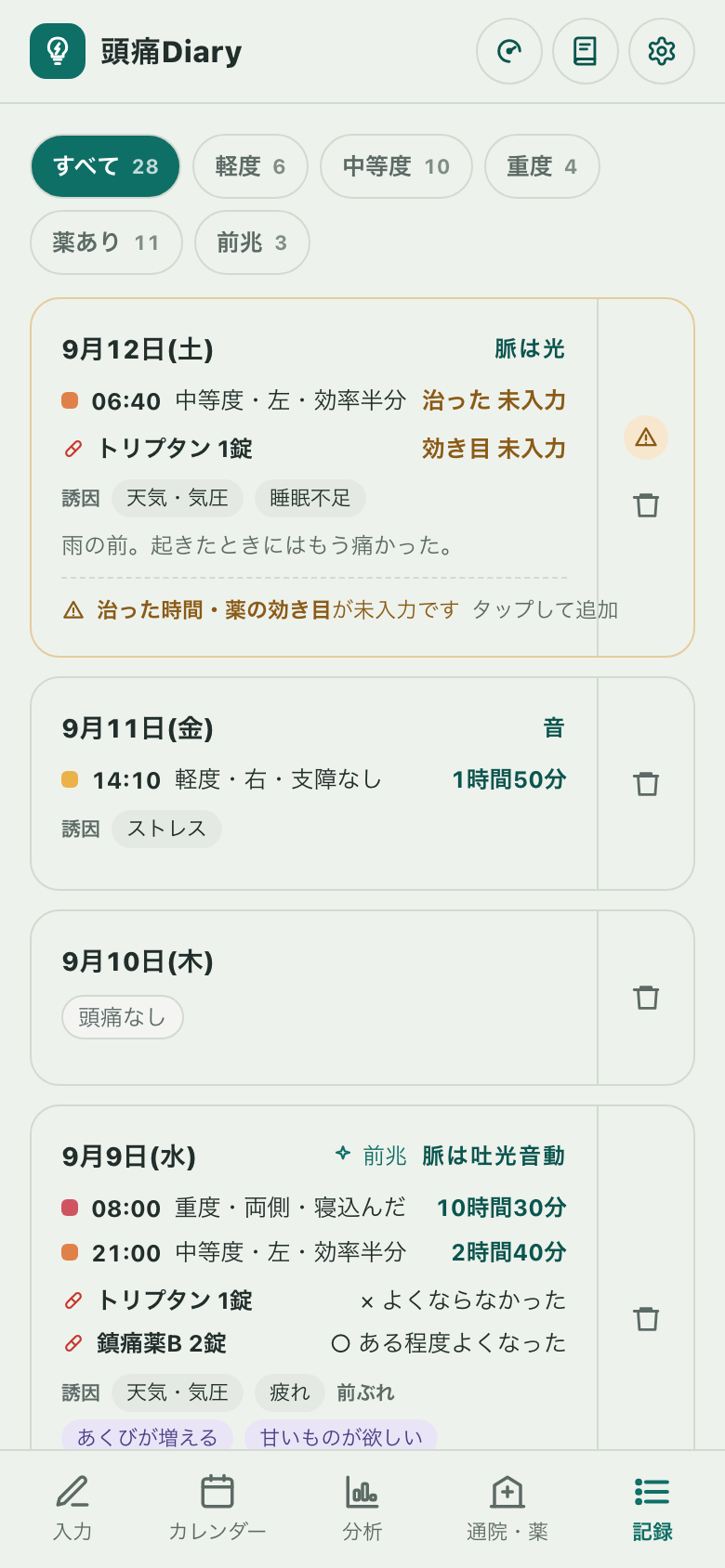 記録タブ。日ごとのカードに発作の時刻・強さ・場所・生活への支障・続いた時間、薬と2時間後の結果、誘因が並び、未入力のあるカードには印がついている